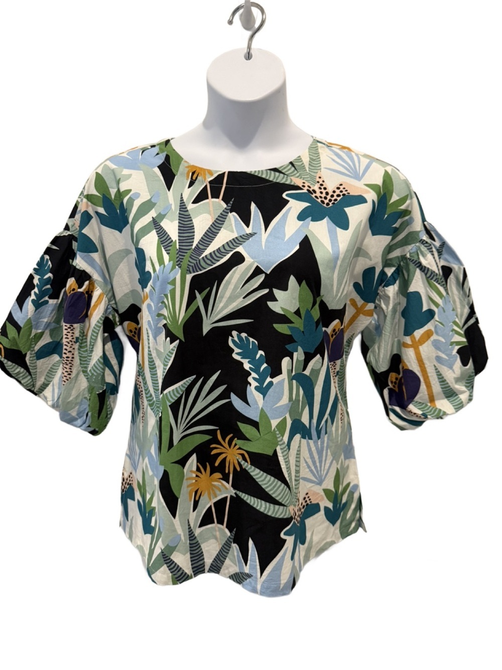 Oliphant puff-sleeve botanical print poplin blouse. Large